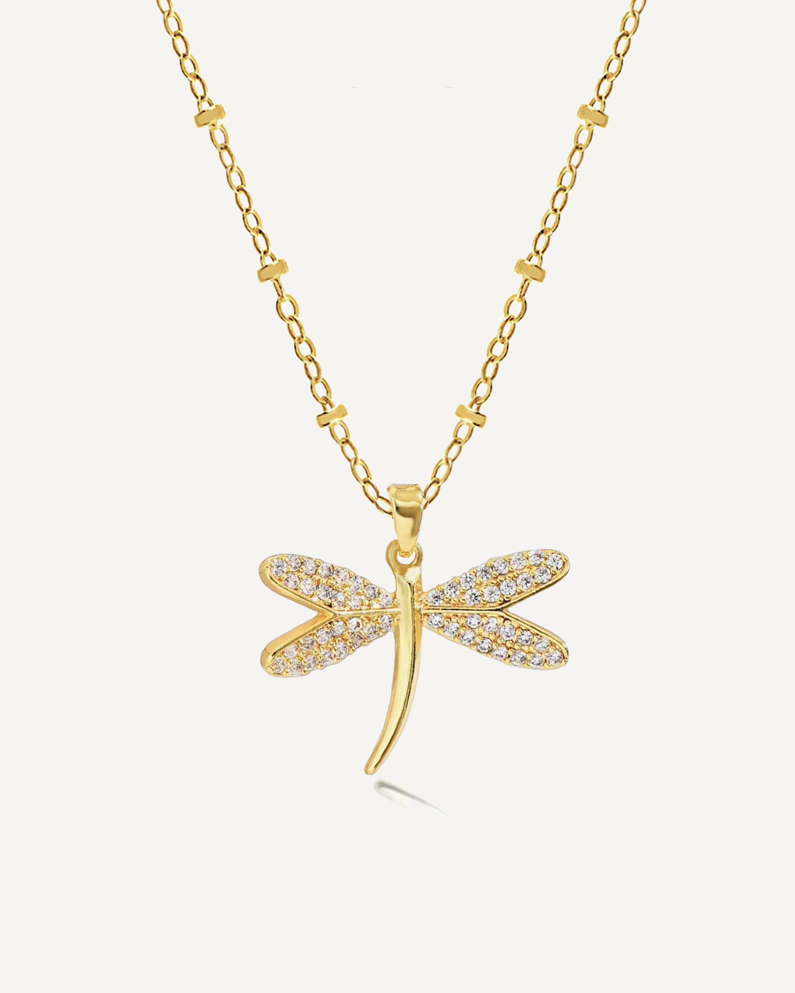 Necklace with gold cubic zirconia dragonfly charm