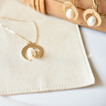 Gold Necklace with half moon and real freshwater pearl charm